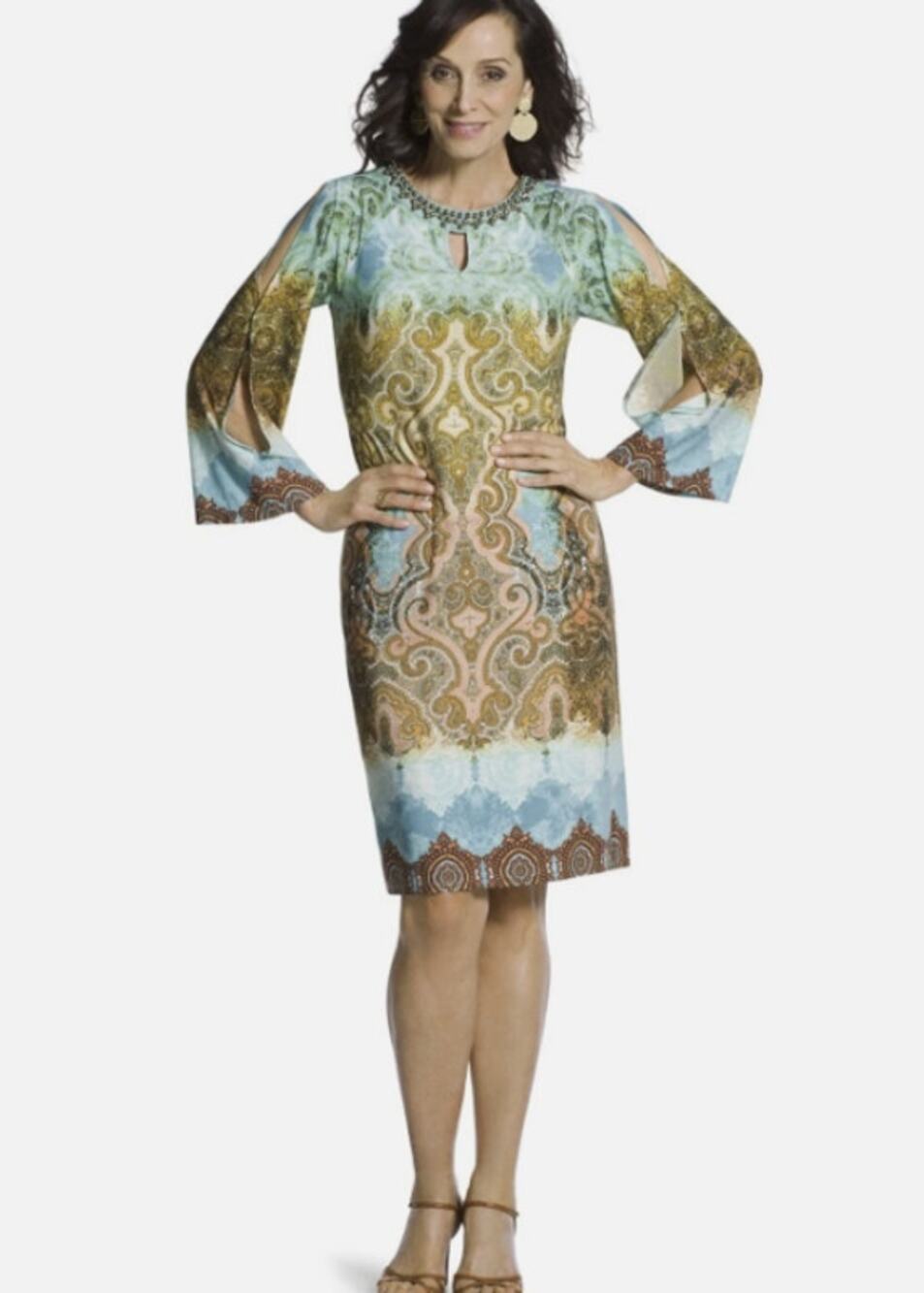 Chico's 3 XL Paisley Cold Shoulder Open Sleeve Studded Embellished Shift Dress